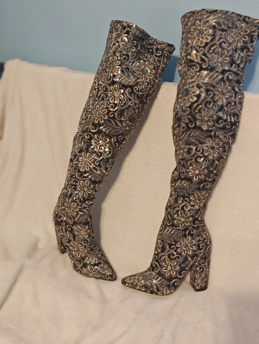 Womens Over-the-Knee Embroidered Floral Boots - Black and Gold